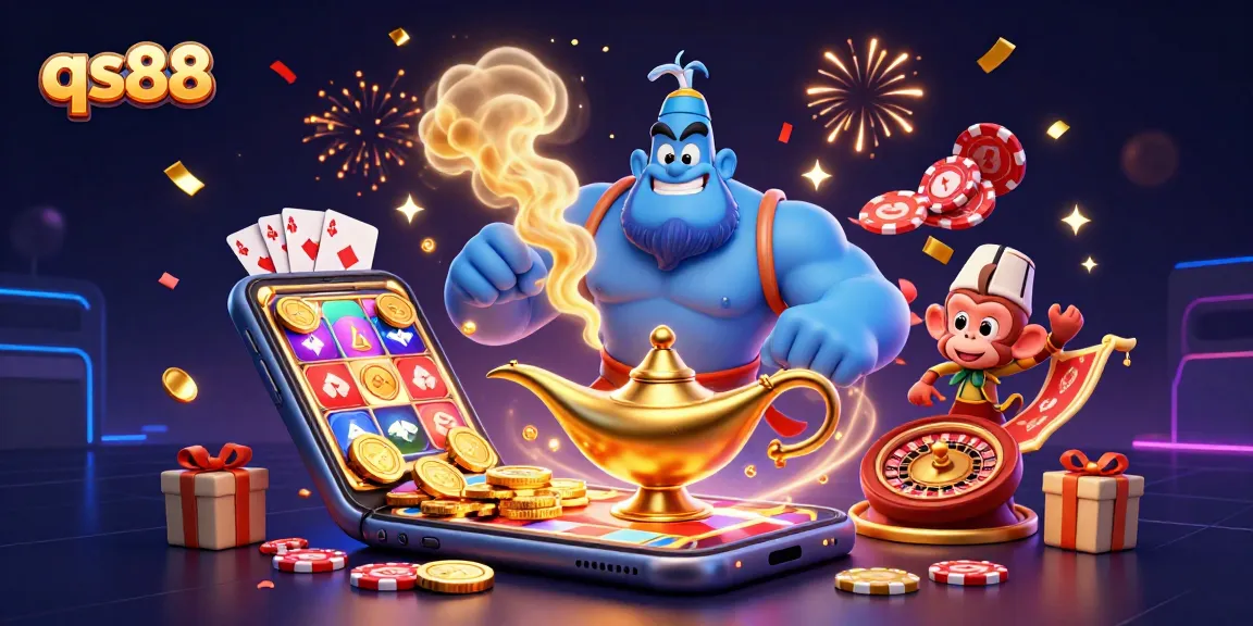 Experience the excitement of qs88 with a blue genie, slots, and poker chips in a vibrant 3D illustration.