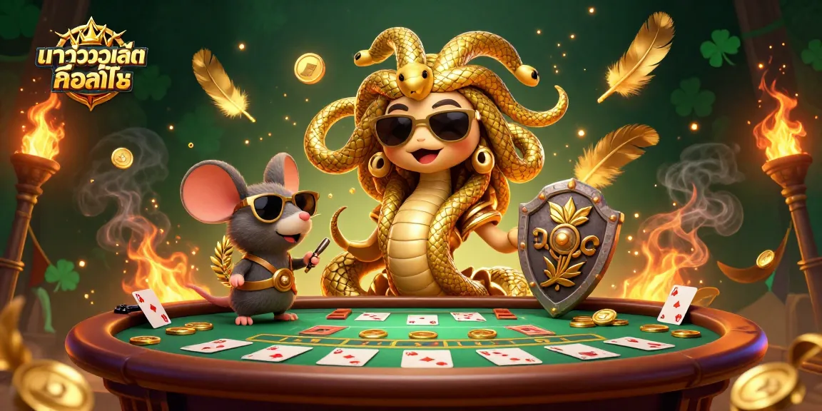 Engage with the vibrant world of baccarat alongside the friendly Medusa and warrior mouse in this fun, rich 3D illustration about บาคาร่าวอเลท คืออะไร.