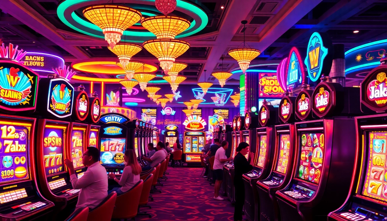 Experience thrilling slot gambling with vibrant machines and excited players in a lively casino.
