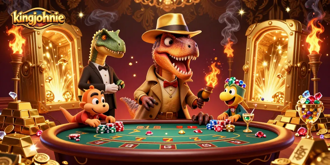 Experience the excitement of kingjohnnie casino with a 3D velociraptor card counter at a blackjack table.