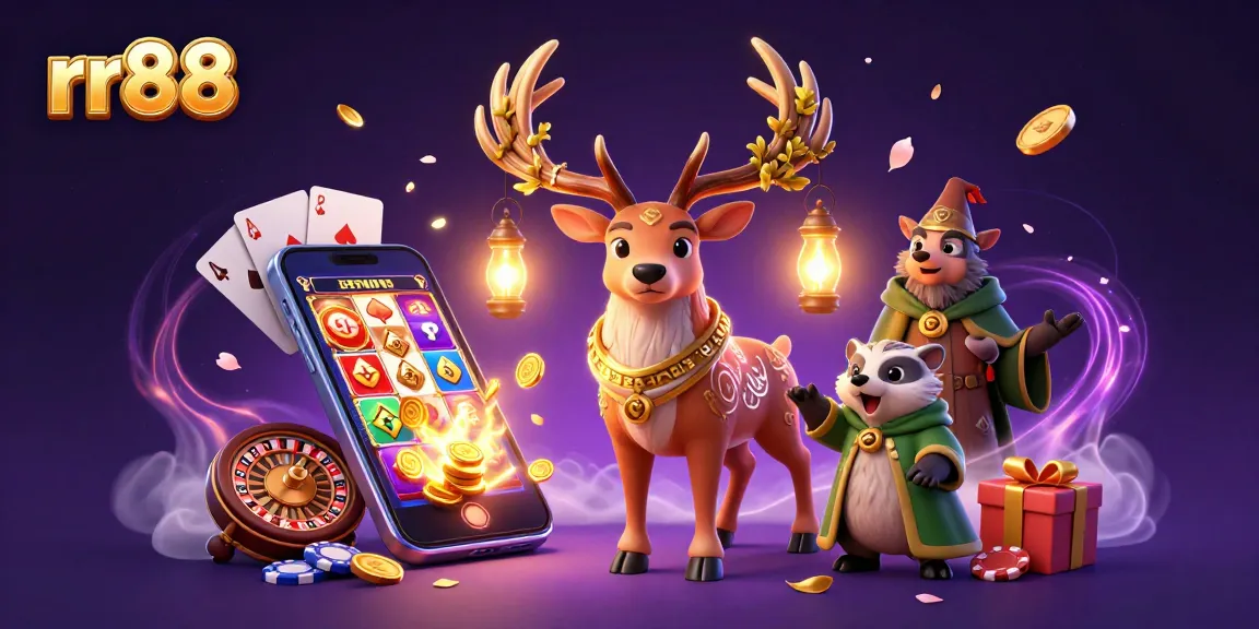 Experience rr88's thrilling gaming with a dynamic scene of enchanting characters and vibrant casino elements.