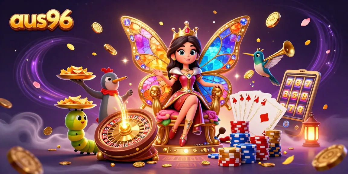 Experience the excitement of aus96 with a vibrant 3D casino scene showcasing games and riches.