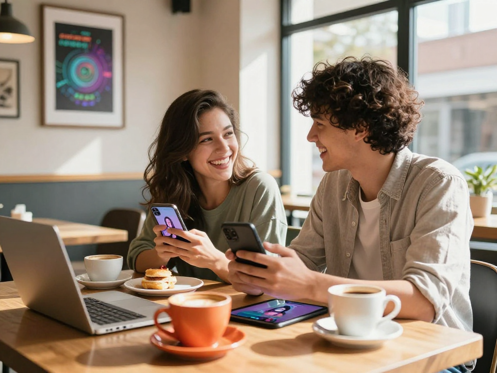 Couple exploring their ai gf app in a lively cafe.