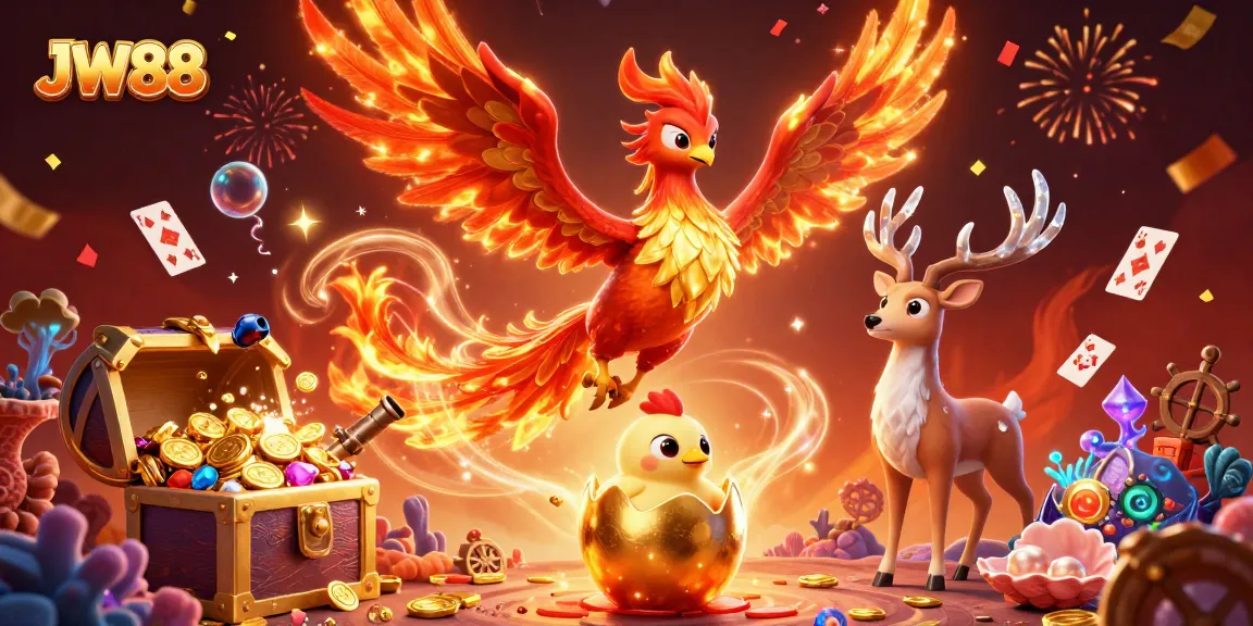 Experience the excitement of JW88 with a fiery phoenix and dynamic casino elements.