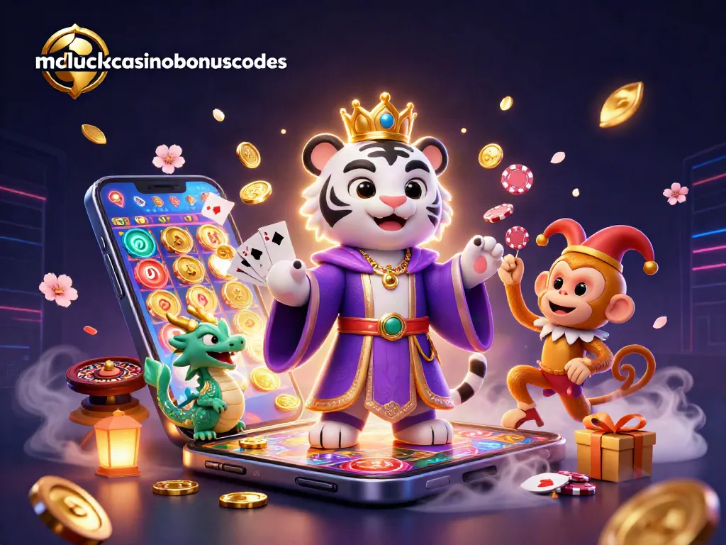 Engage with mcluckcasinobonuscodes through thrilling animations of a majestic tiger and playful monkey in a vibrant casino scene.