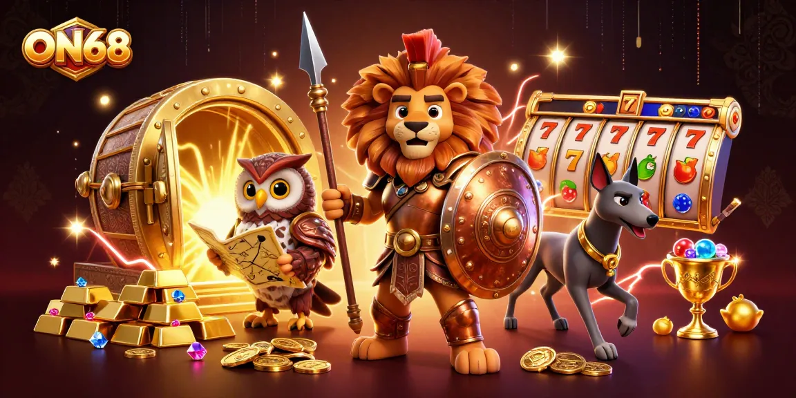 Experience the thrill of ON68 slots with a dynamic scene of a Spartan lion, wise owl, and swift greyhound among treasures.