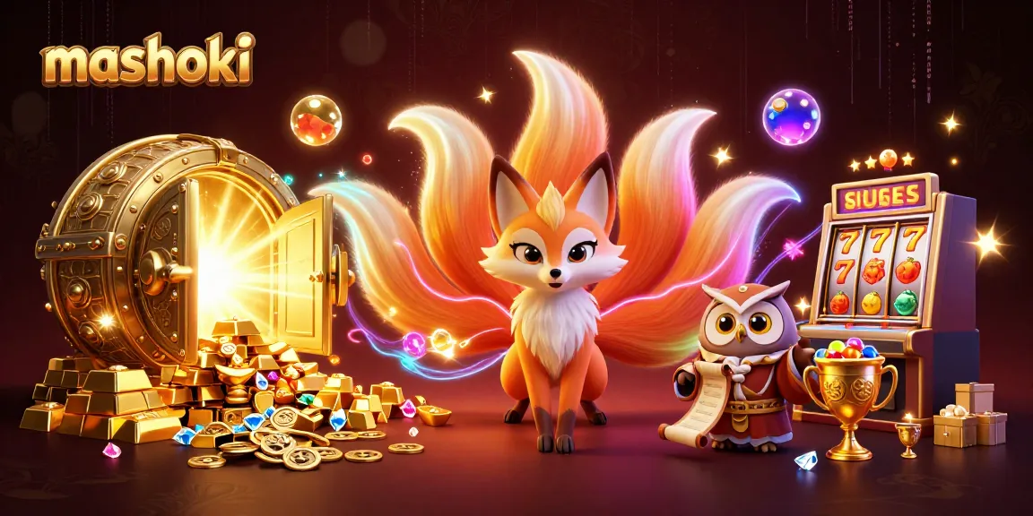 Engage with vibrant mashoki casino magic through a dazzling 3D illustration showcasing slots, treasures, and mystical elements.