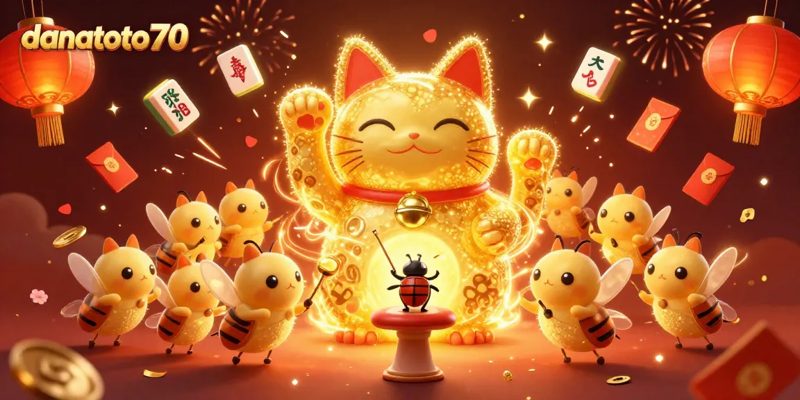 Experience the thrill of danatoto70 with vibrant casino symbols and a lucky cat illustration.