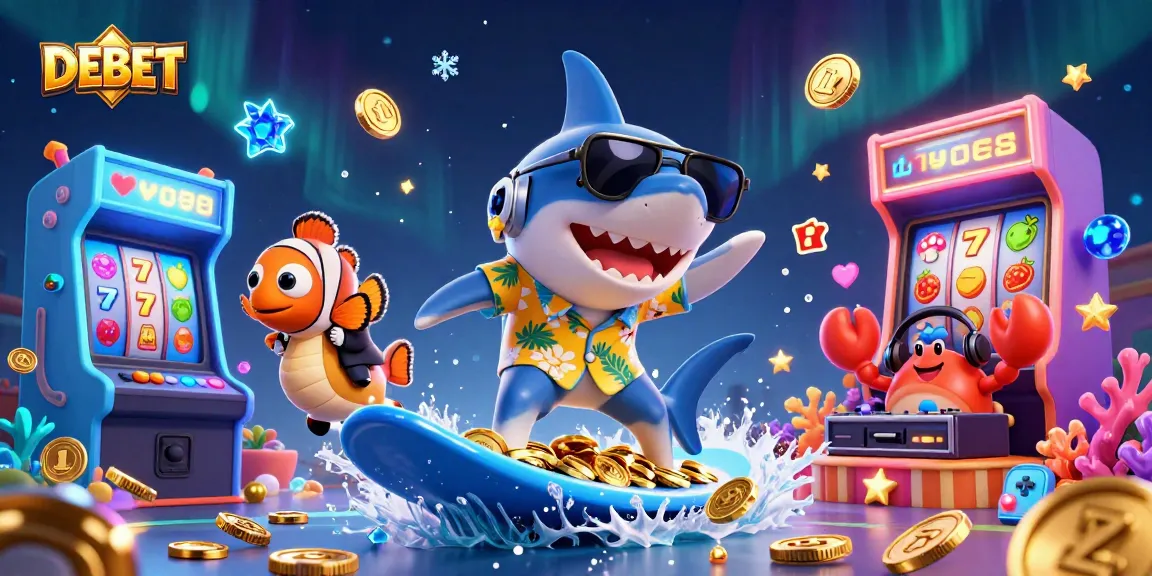 DEBET's thrilling gaming experience illustrated by a shark surfing on gold coins with casino reels.