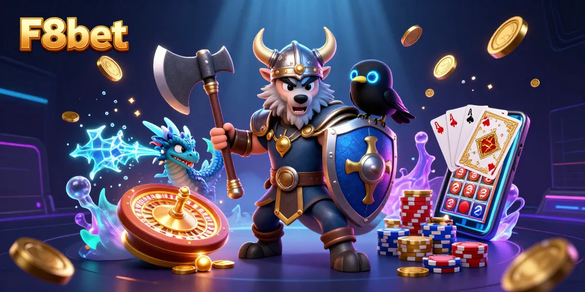Experience F8bet excitement with a vibrant 3D Viking warrior, dragon, and casino elements.