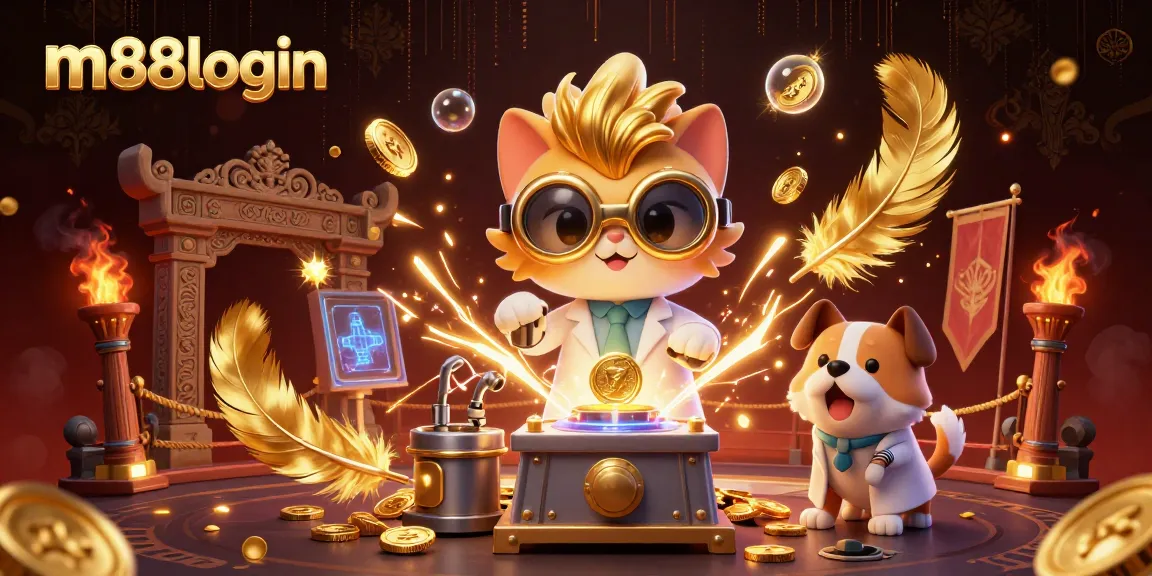 Experience thrilling wins at m88login with a mad scientist cat and dog in a vibrant casino scene.