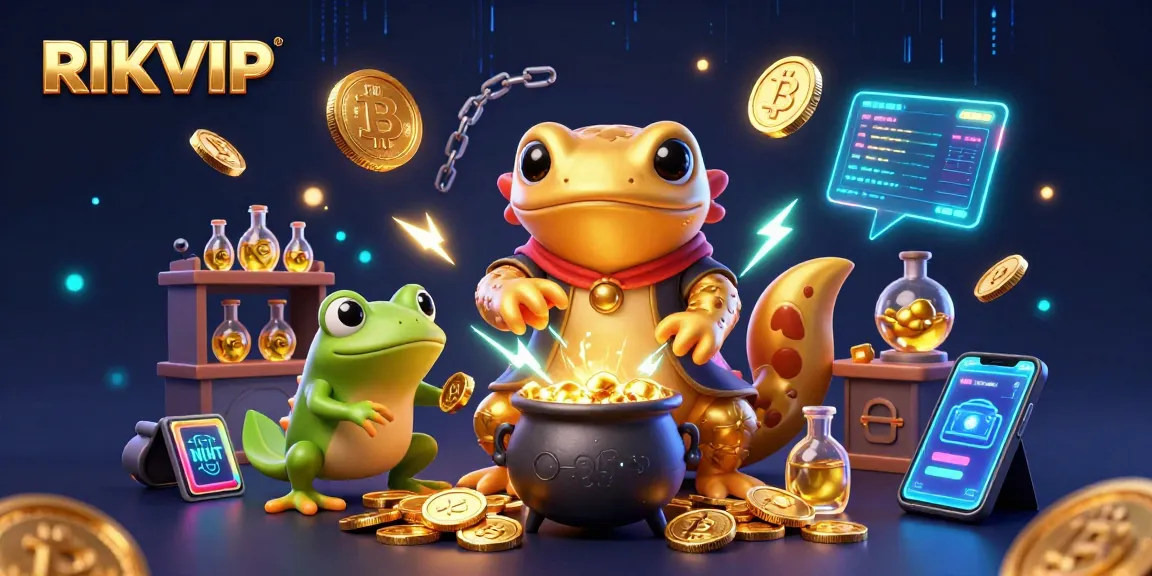 Engage with RIKVIP's immersive casino experience, featuring vibrant 3D characters and vibrant crypto elements.