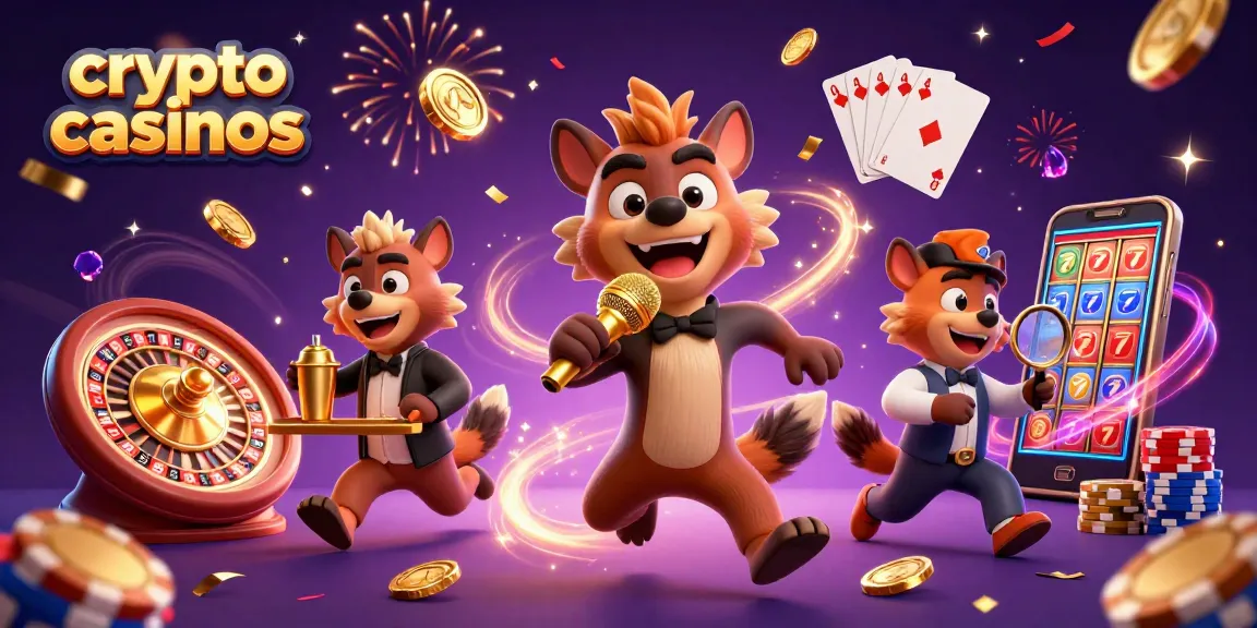 Illustration dynamique des crypto casinos, avec des hyènes en scène de casino et des éléments ludiques.