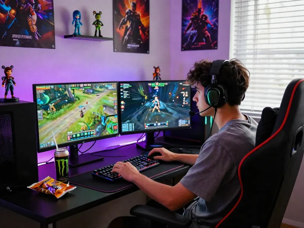 Gamer memainkan diana4d di ruang yang penuh warna dengan peralatan modern.