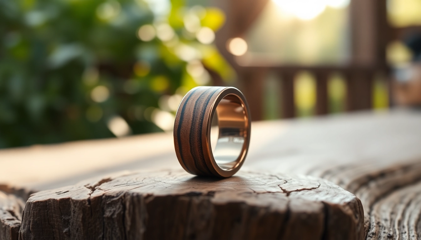 Captivating Whiskey Barrel Wedding Bands showcasing unique wood grain details.