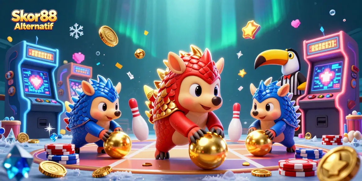 Engage with Skor88 Alternatif in a dynamic casino scene with rival pangolins and vibrant gaming elements.