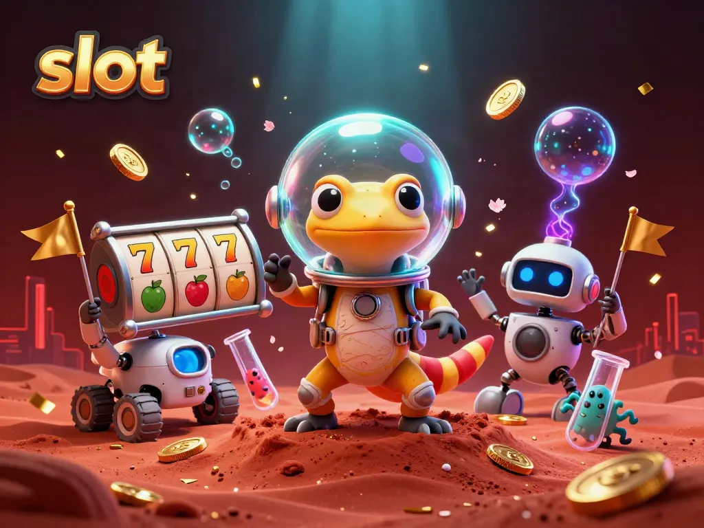 Gecko Martian memainkan slot dengan simbol beruntung dan robot rover di kasino emas di Mars.