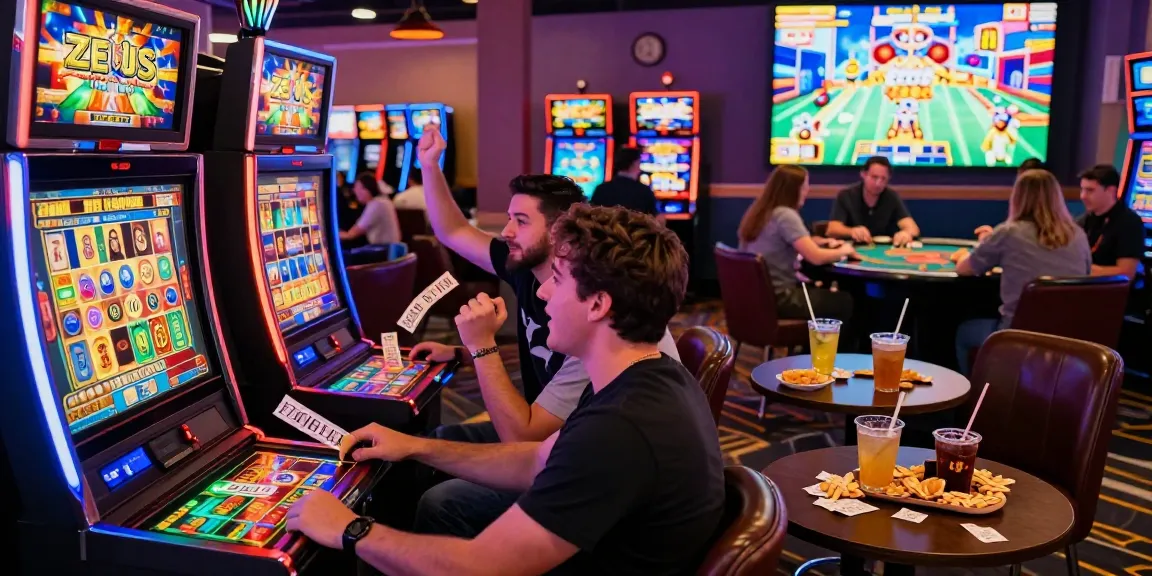 Excited players celebrating a win on slot zeus machines in a lively gaming lounge atmosphere.