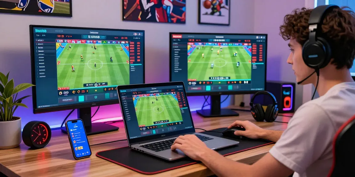 Engaging in Bola88's vibrant digital gaming experience on a sleek laptop with multiple screens showing live sports betting.