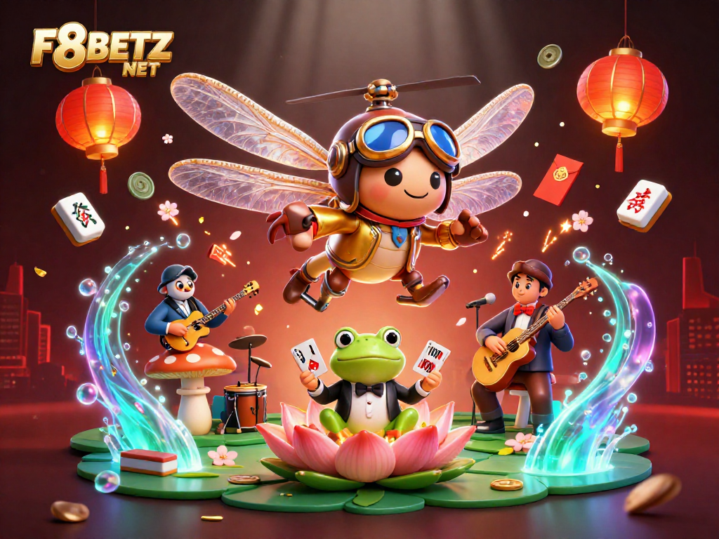 Experience the excitement of F8BETZ NET with thrilling casino action featuring a dragonfly pilot and frog dealer.