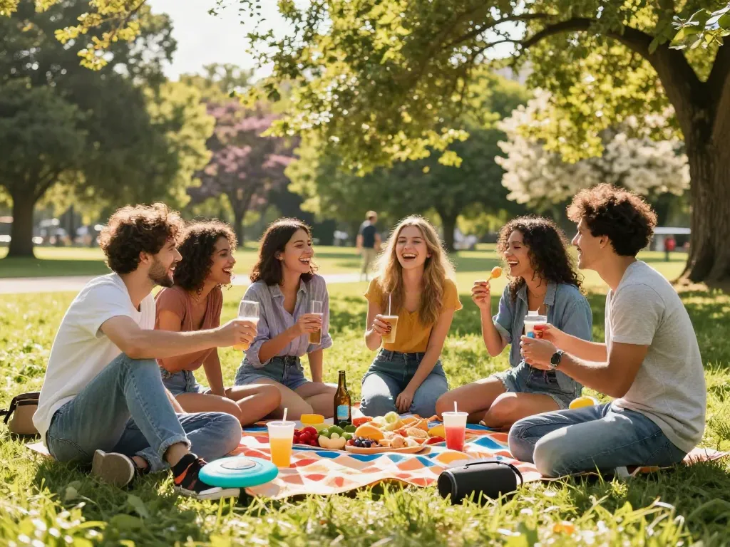 Friends enjoying a picnic in the park, radiating joy and connection, demonstrating the theme "like it".