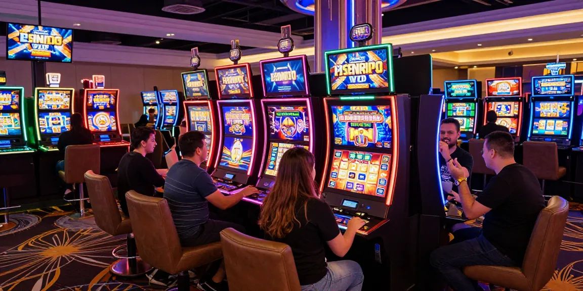 Exciting slot mpo gaming scene with diverse players enjoying vibrant machines in a lively casino.