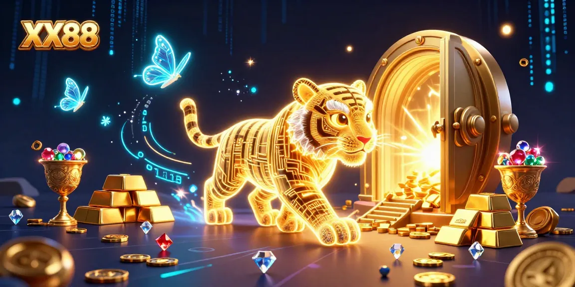 Experience epic gaming action at XX88 with a golden tiger amidst dazzling casino treasures.