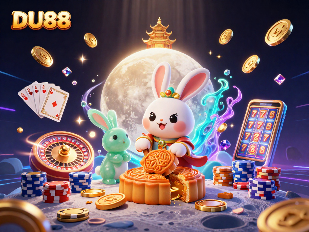Experience DU88 with a moon rabbit and jade companion surrounded by casino symbols in a vibrant 3D scene.