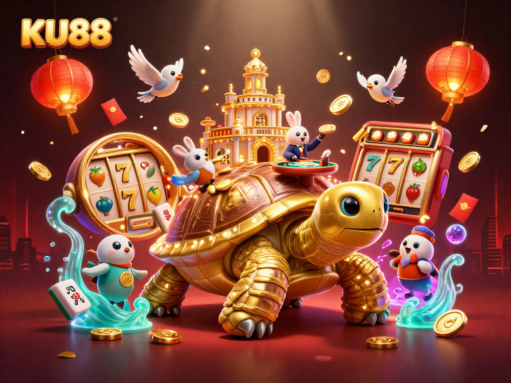 Play at KU88 with a vibrant 3D gaming scene featuring a golden tortoise casino