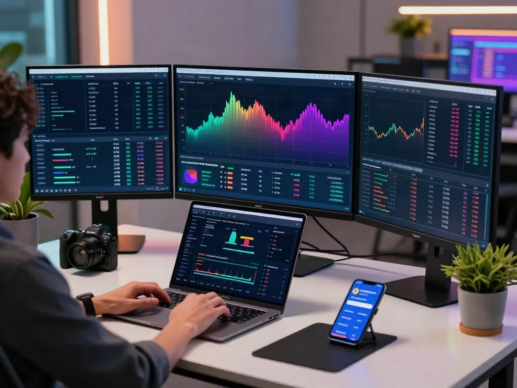 BSE stock data API visualized in a modern trading setup with cryptocurrency platforms and charts, reflecting professional analysis.