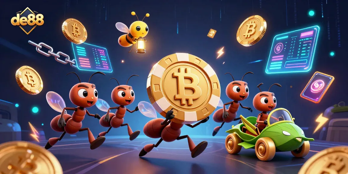 Join the heist at de88 with ants, golden poker chips, and vibrant crypto elements!