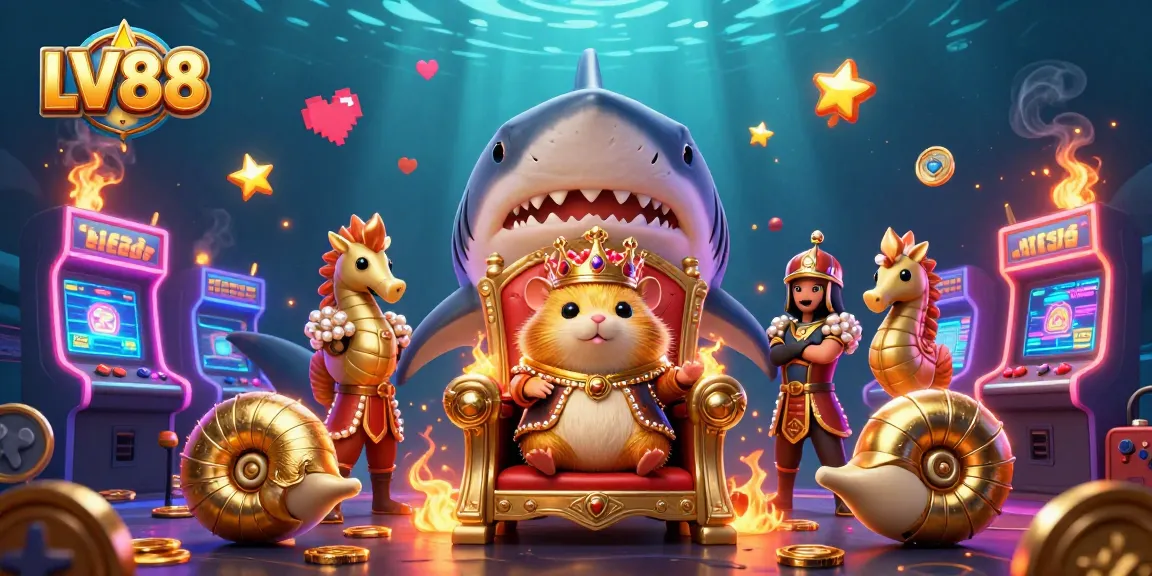 Experience thrilling winnings with LV88, featuring a golden hamster king in an underwater casino adventure.