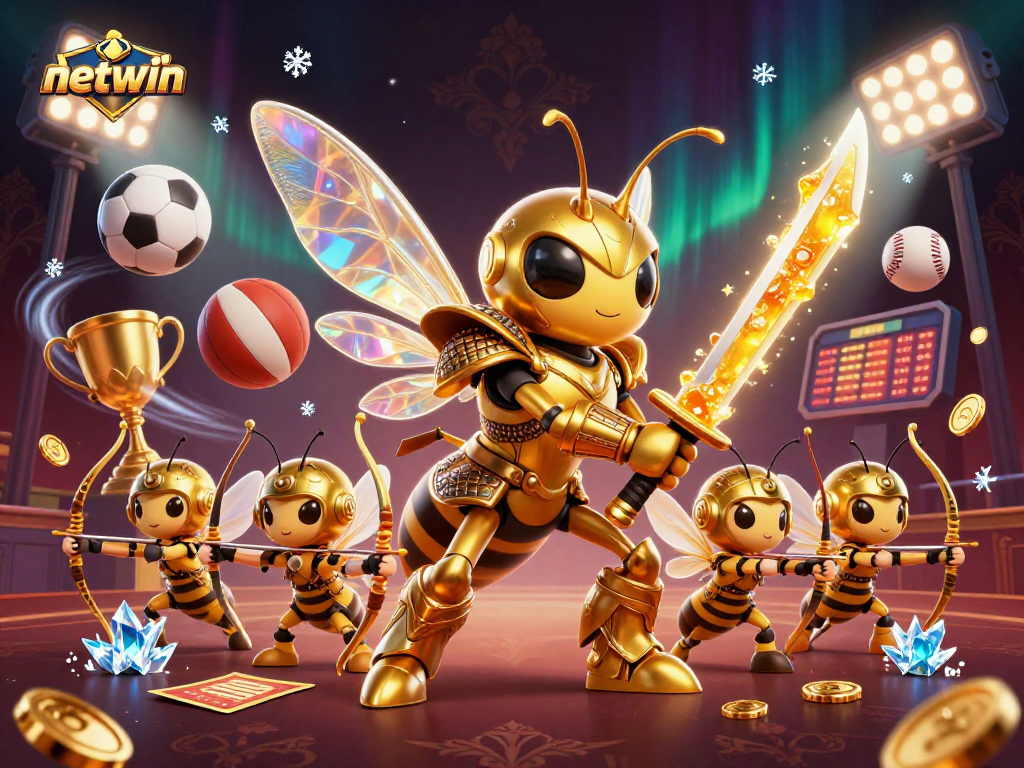 Experience thrilling gaming with netwin's vibrant 3D illustration of a golden hornet and dynamic sports elements.