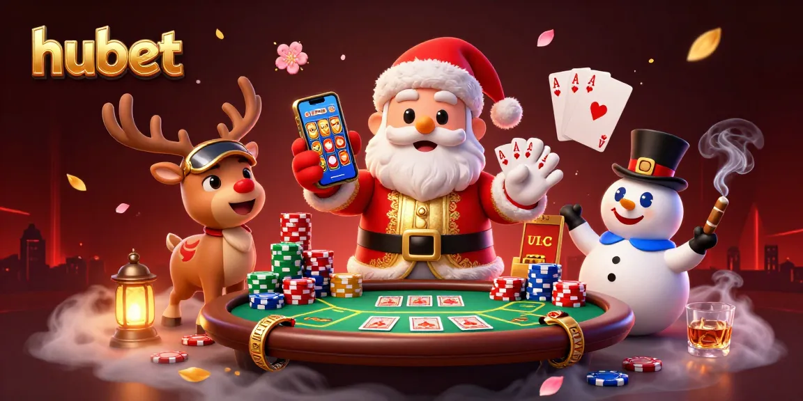 hubet casino Santa holds jackpot slots with festive characters in a vibrant scene.