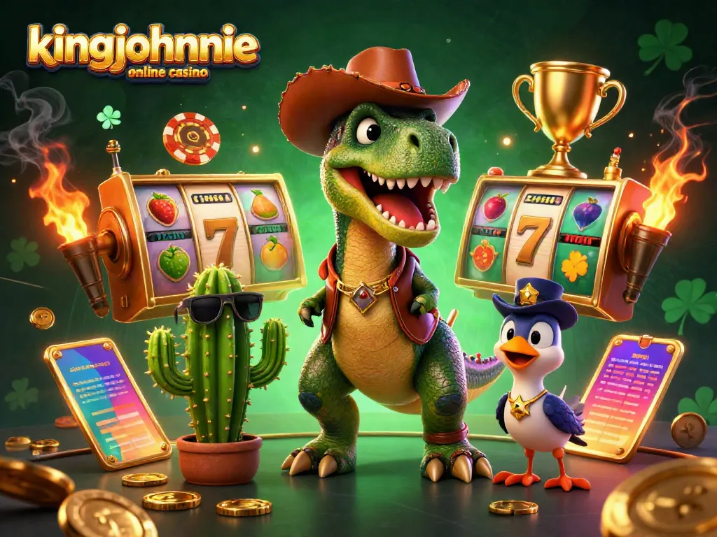 Engage with the kingjohnnie online casino featuring a lively scene of a dinosaur and companions amidst vibrant slot elements.