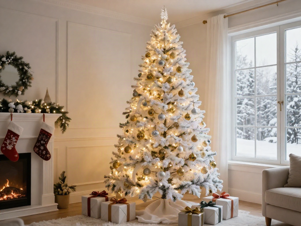 Stunning white artificial Christmas tree adorned with sparkling decorations in a cozy living room.