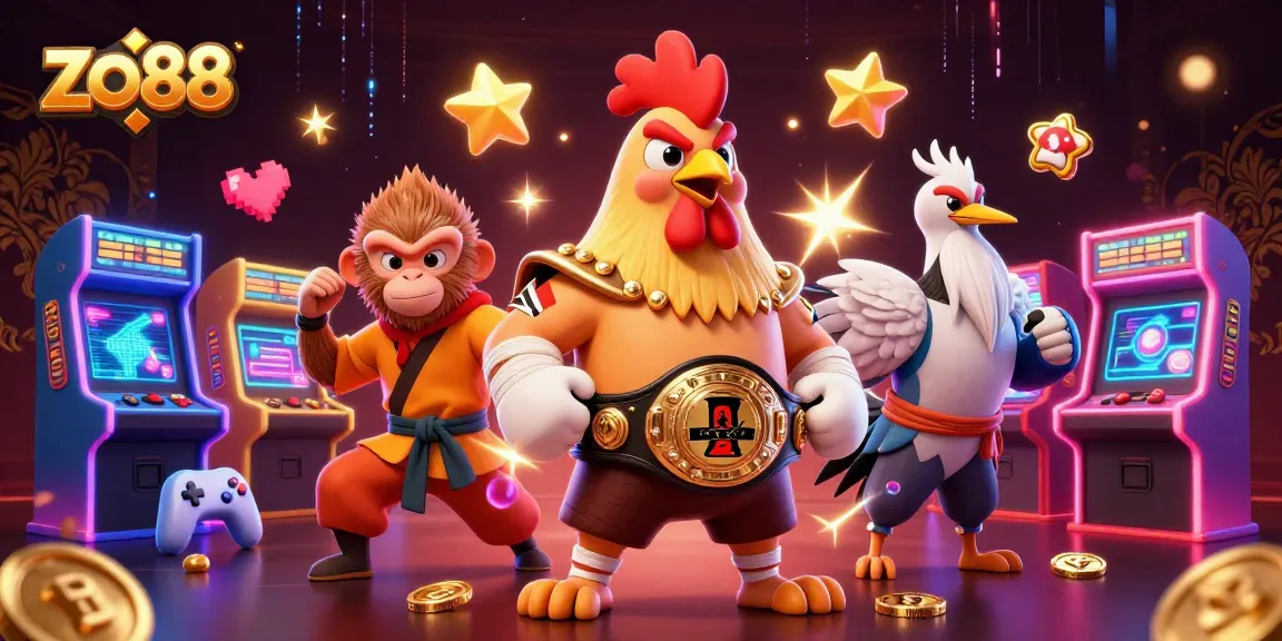 Engage with thrilling casino action at zo88, featuring dynamic characters in a vibrant 3D illustration.