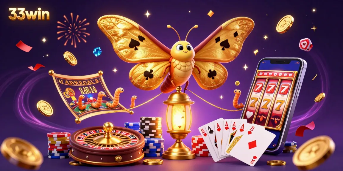 Experience excitement with 33win through a vibrant casino scene featuring golden coins and a spinning roulette wheel.