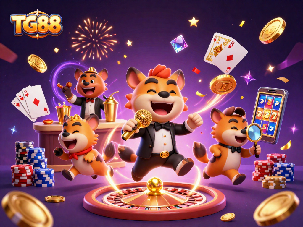 Engage with TG88's vibrant casino scene featuring hyenas as entertainers amidst dazzling casino elements.