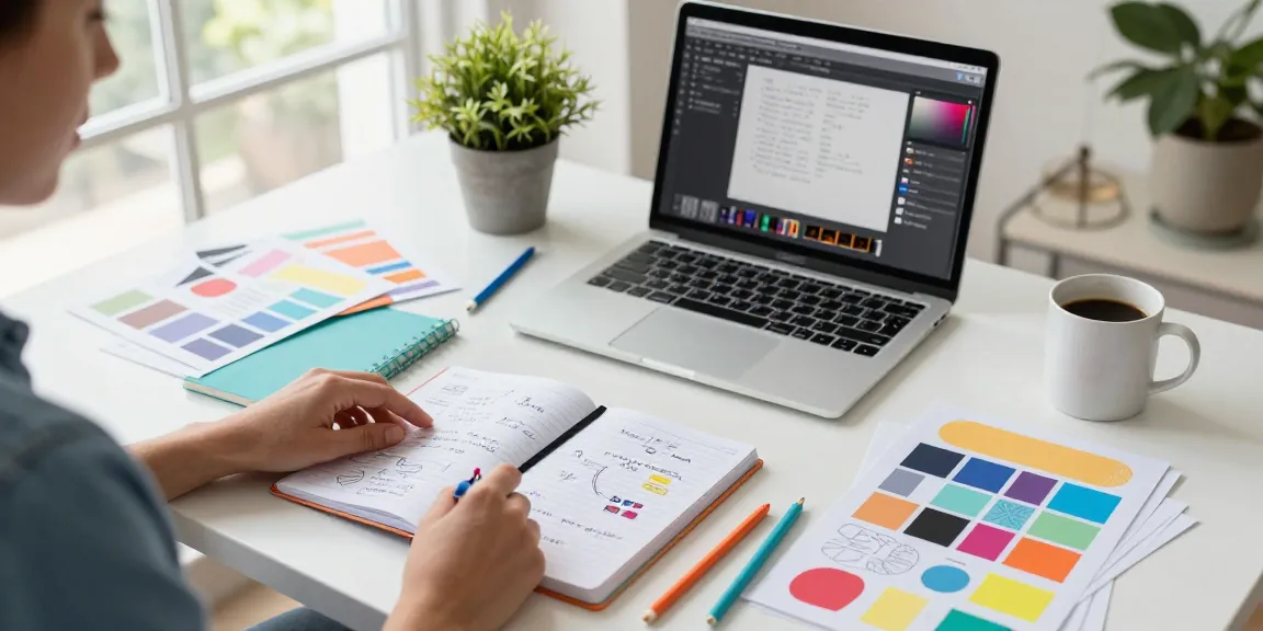 Custom printed notebooks displayed on a creative desk with vibrant stationery and digital tools.