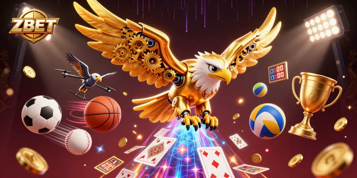 ZBET showcases a vibrant 3D scene of a golden eagle diving through holographic cards with sports elements, capturing the thrill of gaming.