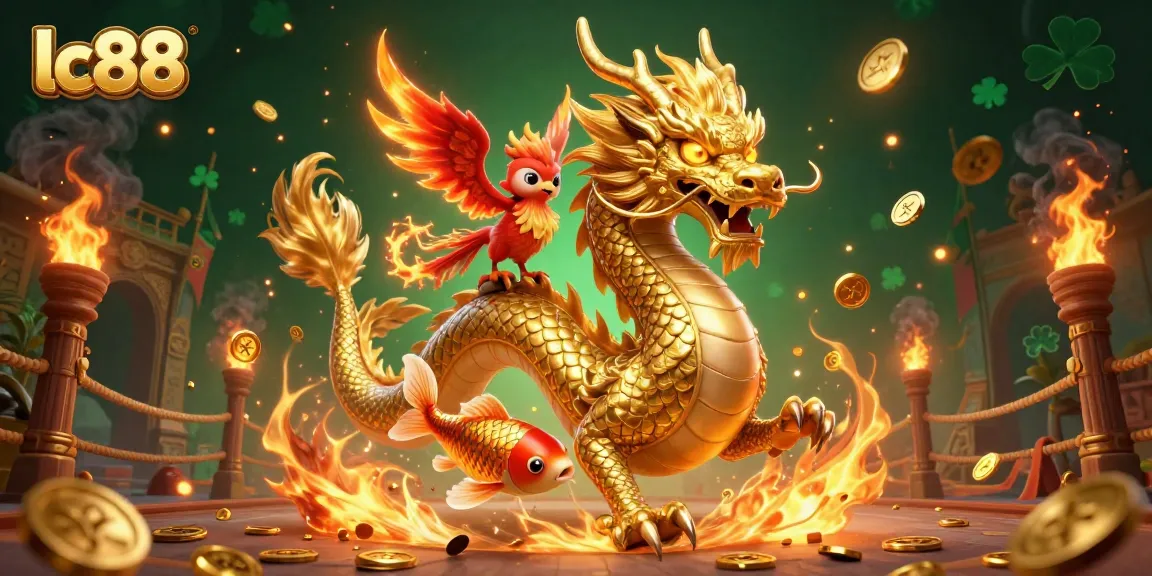 Experience the thrill at lc88 with a majestic dragon and phoenix uniting for jackpot excitement.