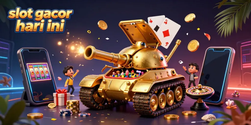 Perjudikan dengan slot gacor hari ini pada ilustrasi 3D menampilkan tank kutu emas dan kasino mini.