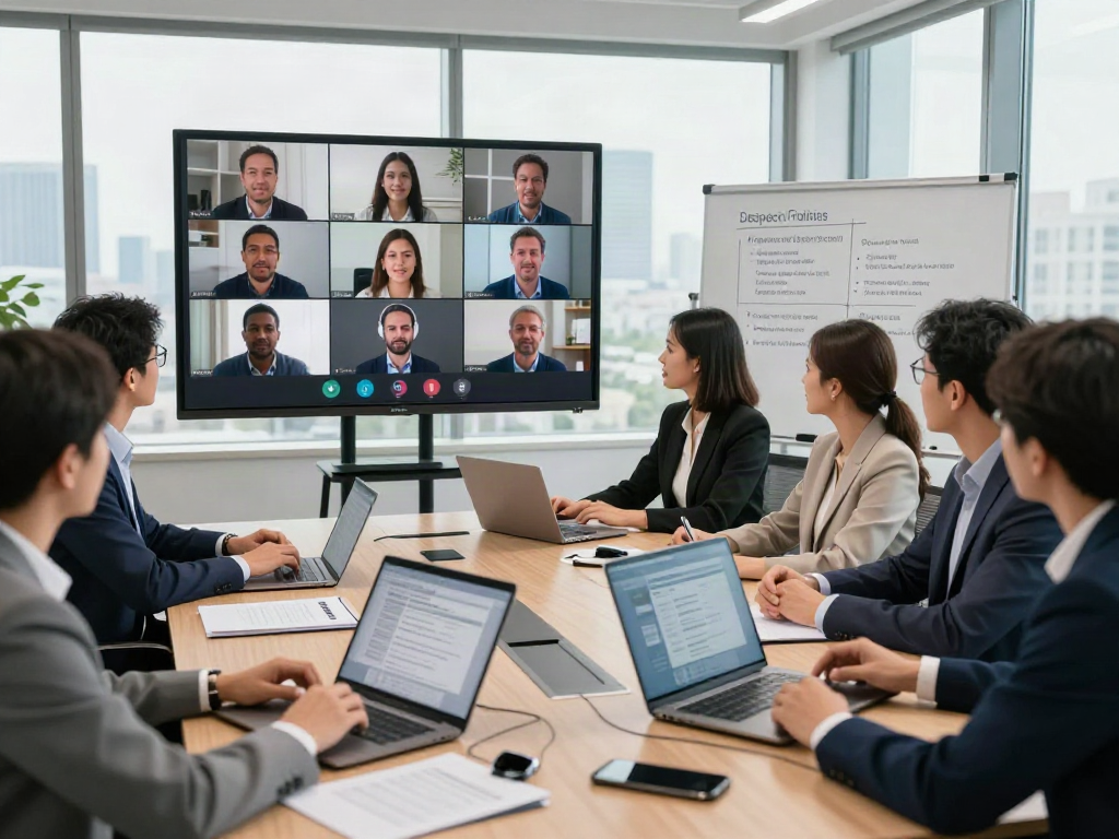 Discussing deepfake free meetings in a modern office setting with professionals using technology.