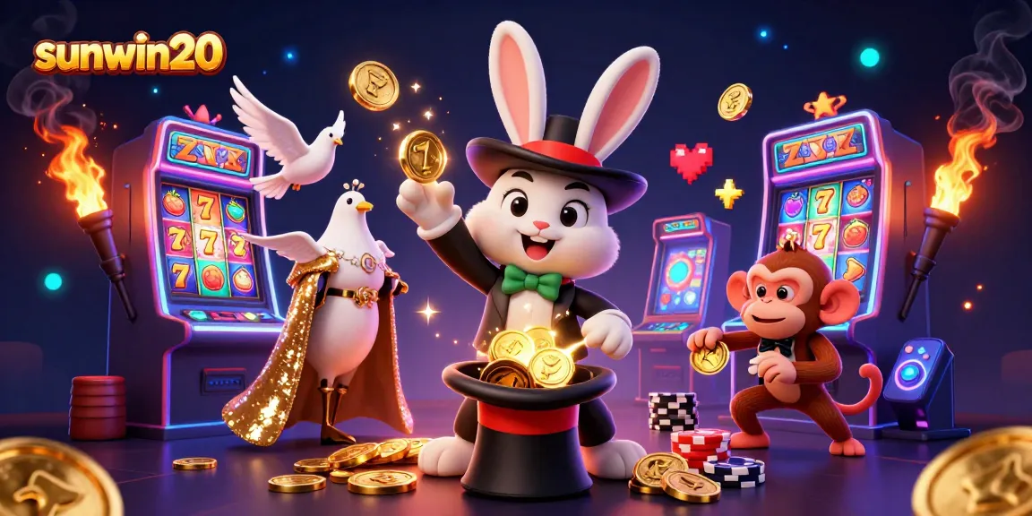 Win big with sunwin20 as the magician rabbit conjures coins amidst vibrant slots.