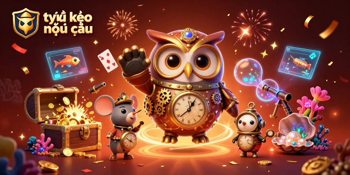 Engaging dynamic scene illustrating tỷ lệ kèo nhà cái with a time-traveling owl and casino elements.