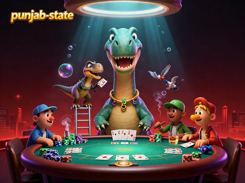 Experience the lively casino adventure with punjab-state, featuring a brontosaurus and raptor amid poker action.