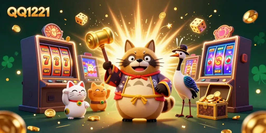 Experience QQ1221's interactive casino thrills with a vibrant scene of lucky symbols and festive characters.