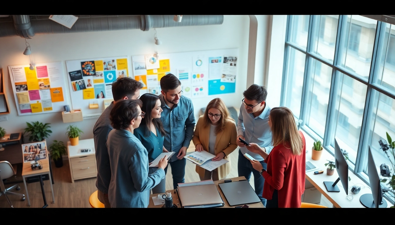 Creative Agency Melaka team brainstorming in a vibrant workspace filled with design materials.