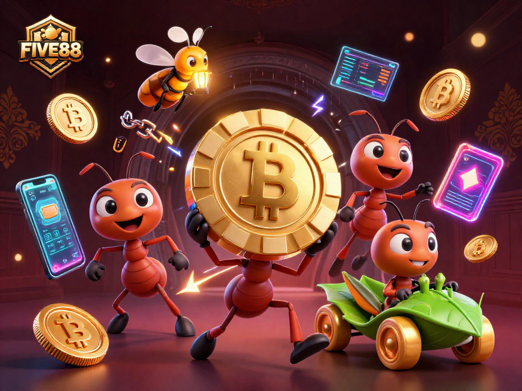 FIVE88 poker heist illustration featuring ants, crypto coins, and a grasshopper driver.